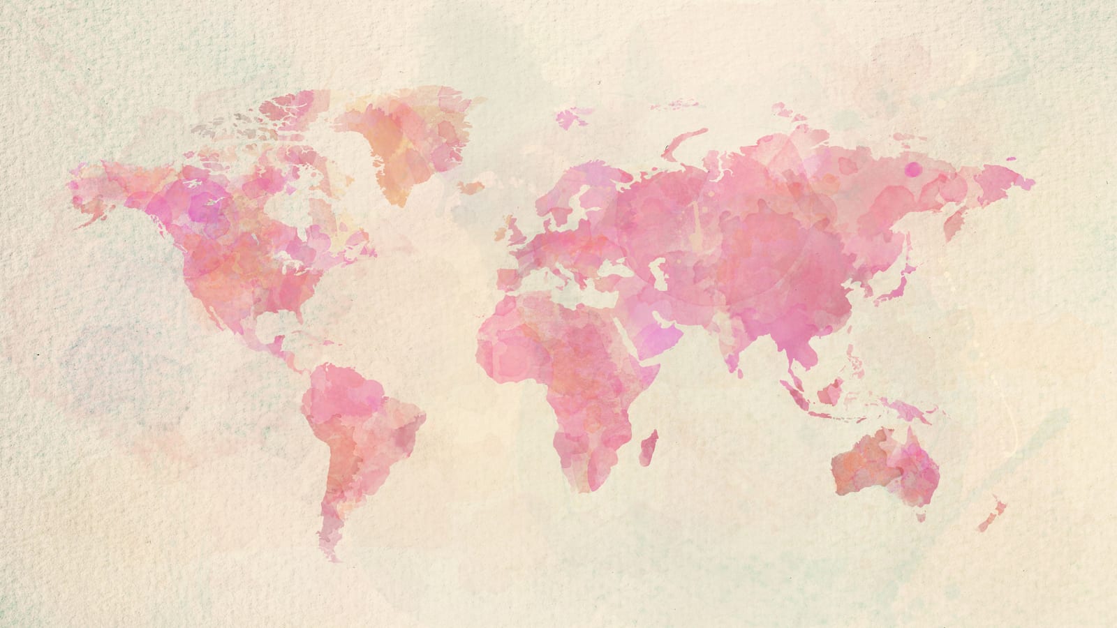 An aged paper world map laid flat on a wooden table, with small ceramic bowls, a sprig of dried sage, a brass singing bowl, and a strand of mala beads placed at points across the continents.